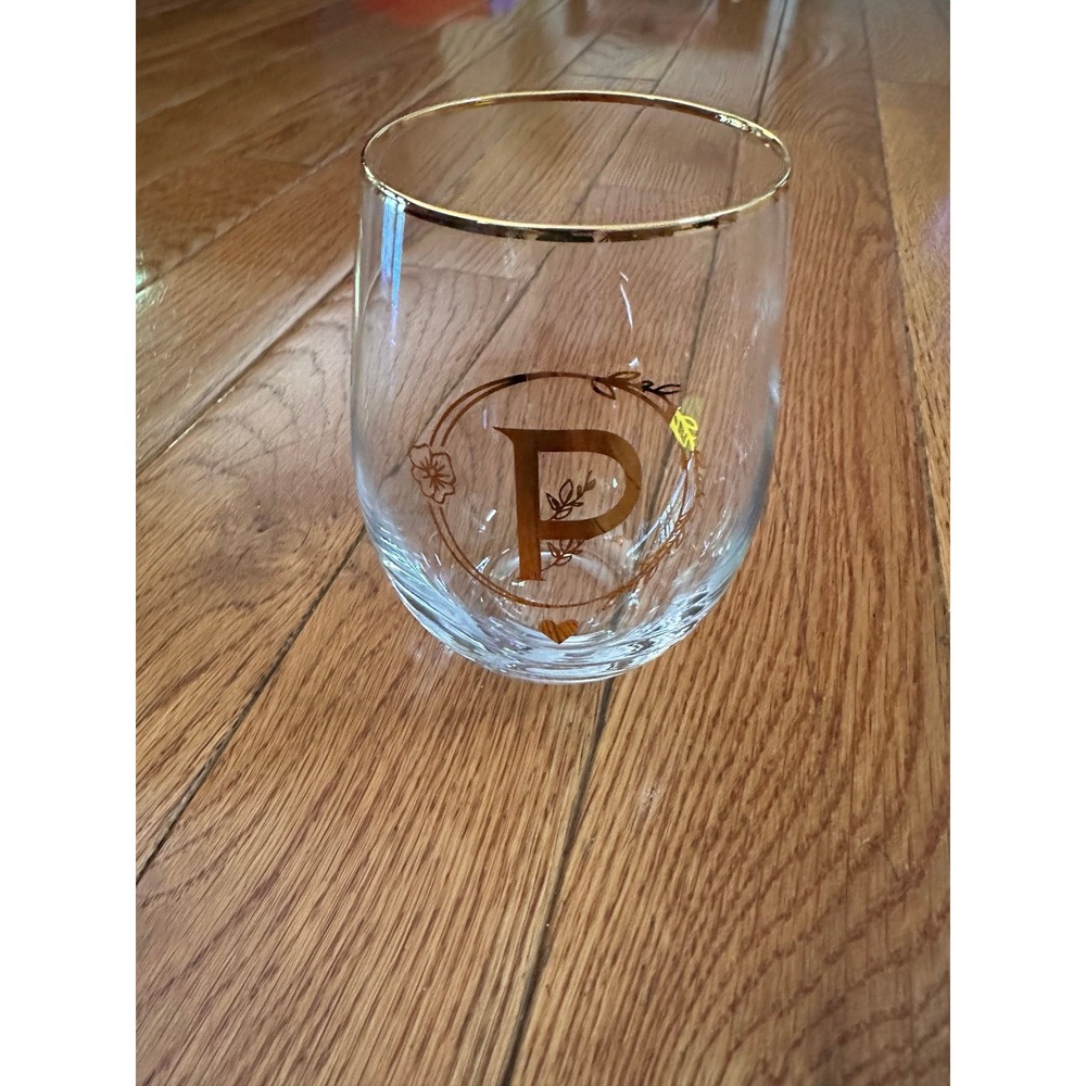 Unique Stemless Floral Monogram Wine Glass Engraved-Initial Wine Cup letter P‎